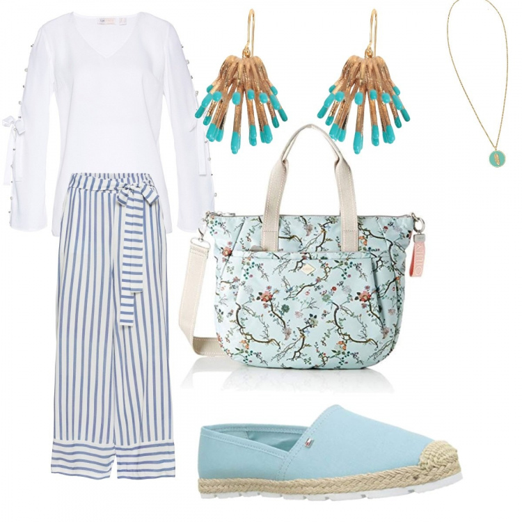 Outfit donna - Al lavoro con stile.. Stile Basic per Tutti i giorni. Abbinamento con orecchini, reggiseni, tunica con perle bianco, espadrillas, borsa a mano cartella con zip turchese, ciondoli.