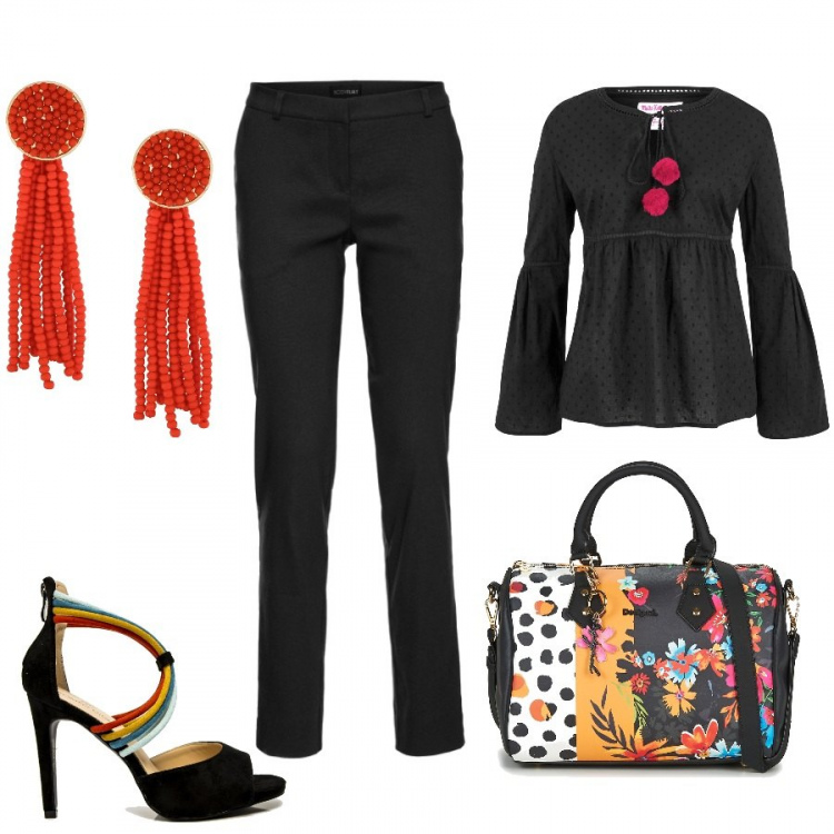 Outfit donna - (Not) total black. Stile Trendy per Ufficio. Abbinamento con pantaloni, blusa con pizzo e arricciature nero, orecchini con perline arancione, sandali nero, borsetta nero.