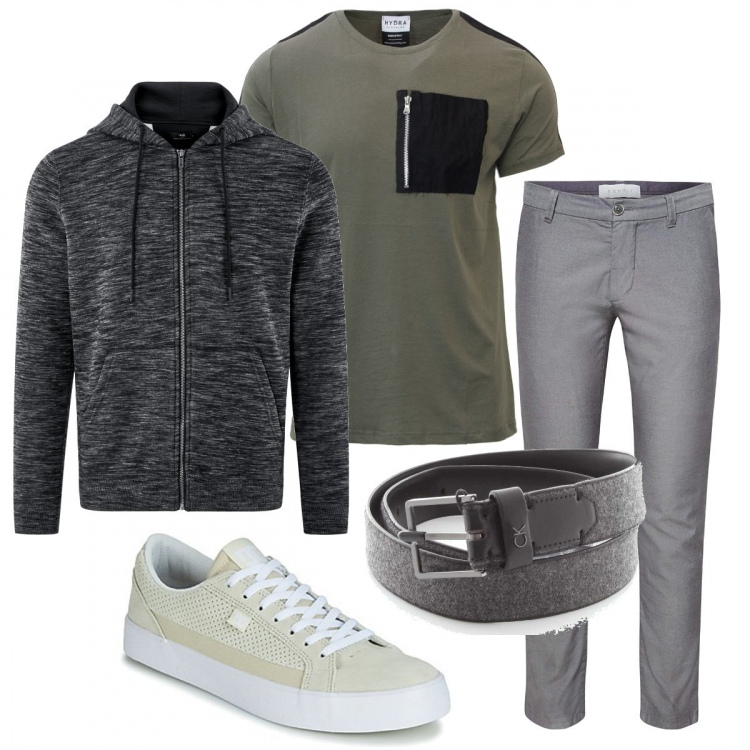 Outfit uomo - Una birra con gli amici. Stile Casual per Tutti i giorni. Abbinamento con t-shirt verde, sneakers, cintura nero, pantalone elasticizzato grigio, felpe con cappuccio.