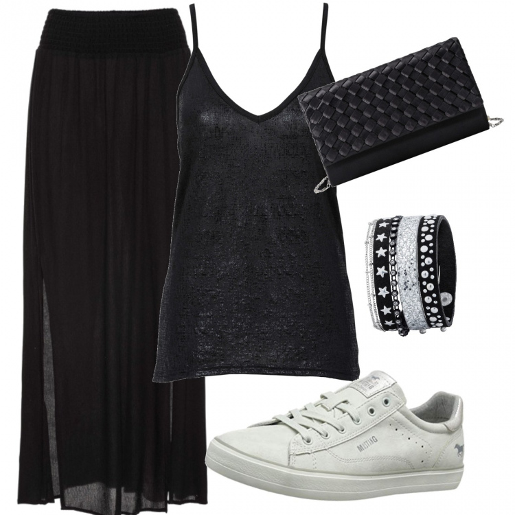 Outfit donna - Total look #313479. Abbinamento con gonne lunghe, cardigans, jeans slim fit, pochette effetto satinato interno foderato nero, scarpa sportiva.