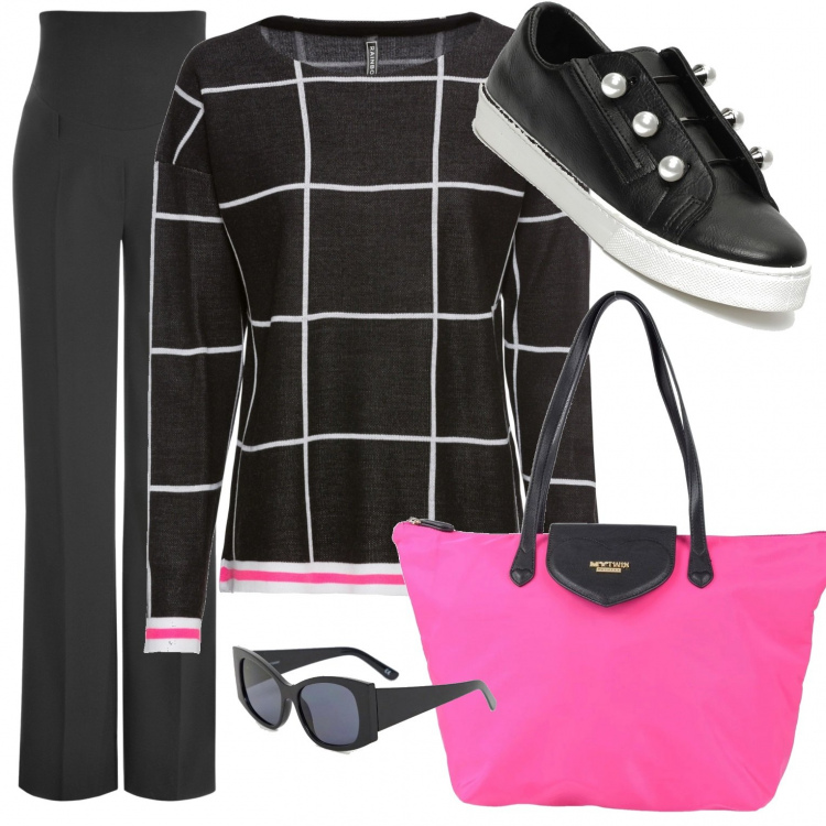 Outfit donna - Il maglioncino leggero. Stile Urban per Ufficio. Abbinamento con vestiti lunghi, borsa a mano maxi fantasia multicolore con zip, pantalone taglio dritto nero, sneakers interno in pelle con punta tonda nero, occhiali da sole oversize taglio dritto lenti scure stanghette sottili in denim protezione dai raggi.
