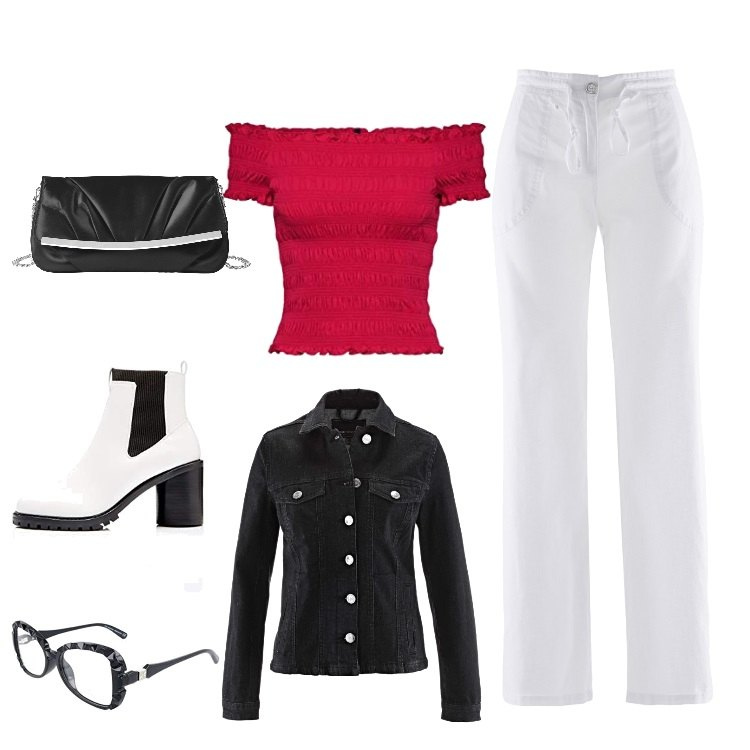 Outfit donna - Glam. Stile Bon Ton per Tutti i giorni. Abbinamento con pantaloni a palazzo, blazer, pochette effetto satinato con zip e tasca interna, top, stivaletti chelsea, montatura occhiali nero.