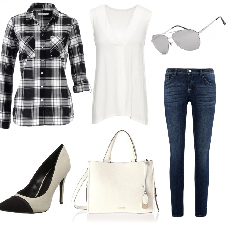 Outfit donna - Get the look Jennifer Lopez. Stile Urban per Ufficio. Abbinamento con camicie, top, jeans skinny vita alta con zip aderente blu, borsa tote, scarpe col tacco bianco, occhiali da sole da aviatore taglio dritto stanghette sottili protezione dai raggi argento.