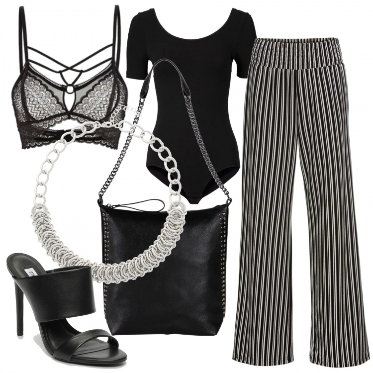 Outfit donna - Sicura di te con semplicità. Stile Basic per Serata fuori. Abbinamento con body, maglione, shopping bag in pelle sintetica, collana argento, sandali pelle nero, bralette nero.