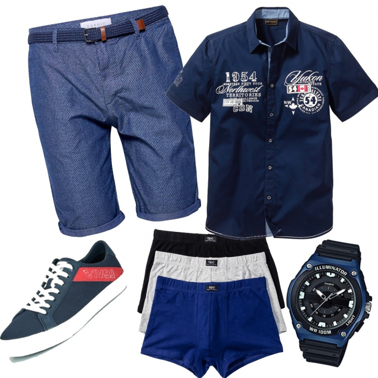 Outfit uomo - La camicia a maniche corte. Stile Casual per Tutti i giorni. Abbinamento con camicie a manica corta, boxer, sneakers, pantalone corto blu, orologi analogici.