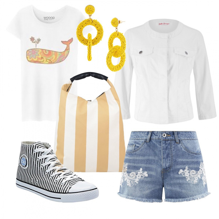 Outfit donna - Un giretto in centro con lo scooter. Stile Basic per Tutti i giorni. Abbinamento con jeggings, maglieria, borsa a mano, shorts con pizzo in denim aderente blu, t-shirt con stampa e scollo a maniche corte tinta unita bianco, sneakers bianco.