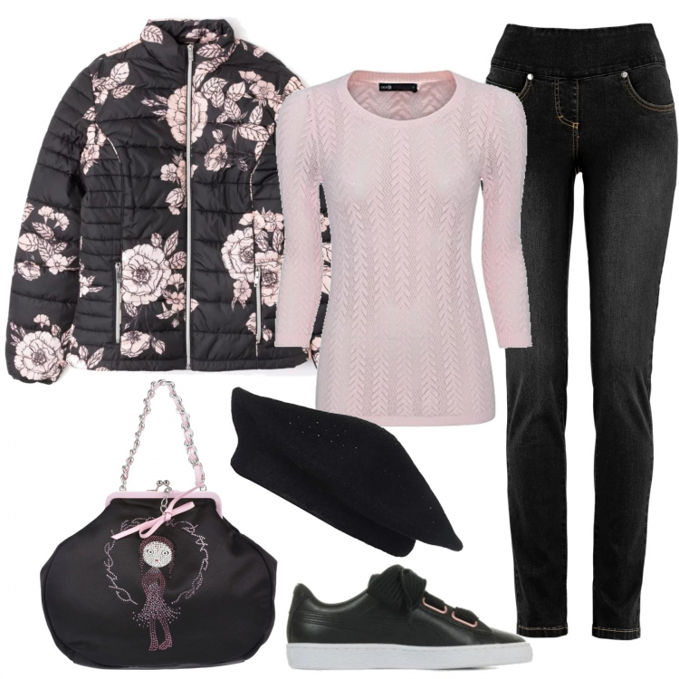 Outfit donna - Piumino low cost. Stile Basic per Tutti i giorni. Abbinamento con jeans, borse a secchiello, piumino fantasia floreale nero, scarpe basket con cuore in pelle nero, maglia a trecce aderente rosa, cappello taglia unica nero.