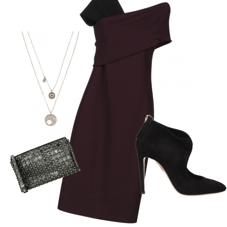 Outfit donna - Bon Ton #10521. Stile Bon Ton per Cerimonia. Abbinamento con vestito collo a v senza maniche con zip interno sfoderato crêpe, décolleté nero, pochette con borchie rosso e grigio, collana multicolore.