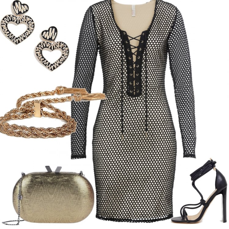 Outfit donna - #Mi vesto bene (eSexy)con poco. Stile Sexy per Serata fuori. Abbinamento con borsa a mano petit fantasia effetto laminato a scatto interno foderato in pelle sintetica, décolleté, sandali con stringhe collo aperto con laccetti nero, bracciale in denim con catenina oro, orecchini pendenti farfalla nero e oro.