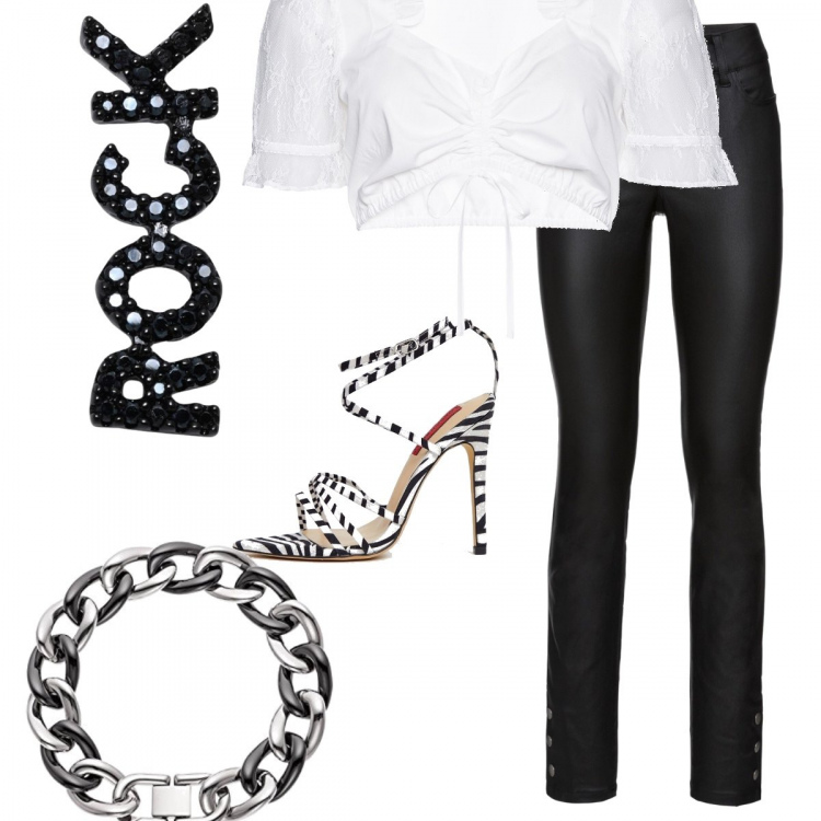 Outfit donna - Total look #314470. Abbinamento con orecchini argento, camicie, pantaloni, bracciale con catenina nero, sandali con stampa e tacco spillo collo aperto.