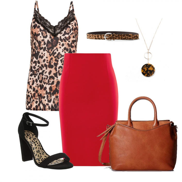 Outfit donna - Animalier. Stile Sexy per Serata fuori. Abbinamento con top, top con pizzo fantasia marrone, collana lunga oro, gonne longuette, borsa tote marrone, scarpe col tacco open toe pianta larga nero.