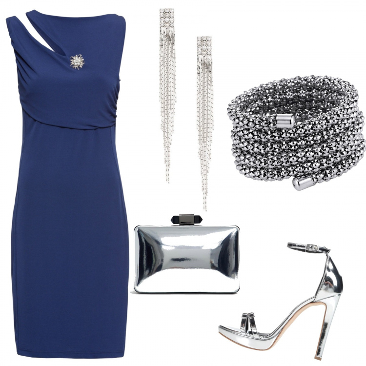 Outfit donna - Chic #11923. Stile Chic per Serata fuori. Abbinamento con vestiti corti, orecchini, bracciale con sfere argento, sandali effetto laminato con tacco spillo e cinturino interno foderato con punta tonda in pelle sintetica tinta unita grigio, pochette lenti a specchio con cinturino argento.