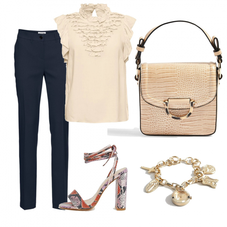 Outfit donna - Sandalo trendy. Stile Trendy per Tutti i giorni. Abbinamento con pantaloni, maglieria, borsa a mano mini con manico e stampa in pelle sintetica tinta unita, sandali animalier rosa, orologio.
