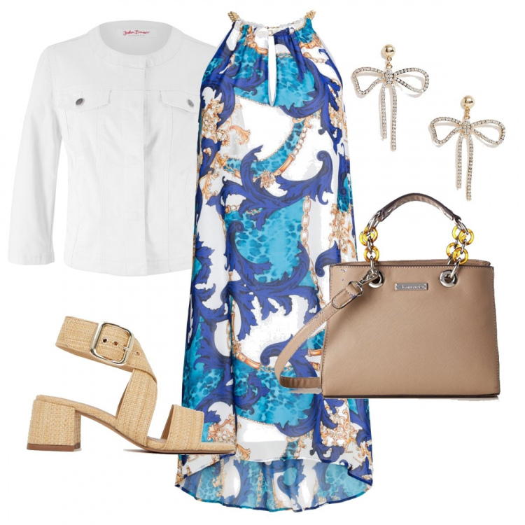 Outfit donna - Pranzo di lavoro. Stile Bon Ton per Ufficio. Abbinamento con jeggings, stivali, sandali con tacco largo e punta quadrata in denim, borsa a secchiello, orecchini con fiocco oro.