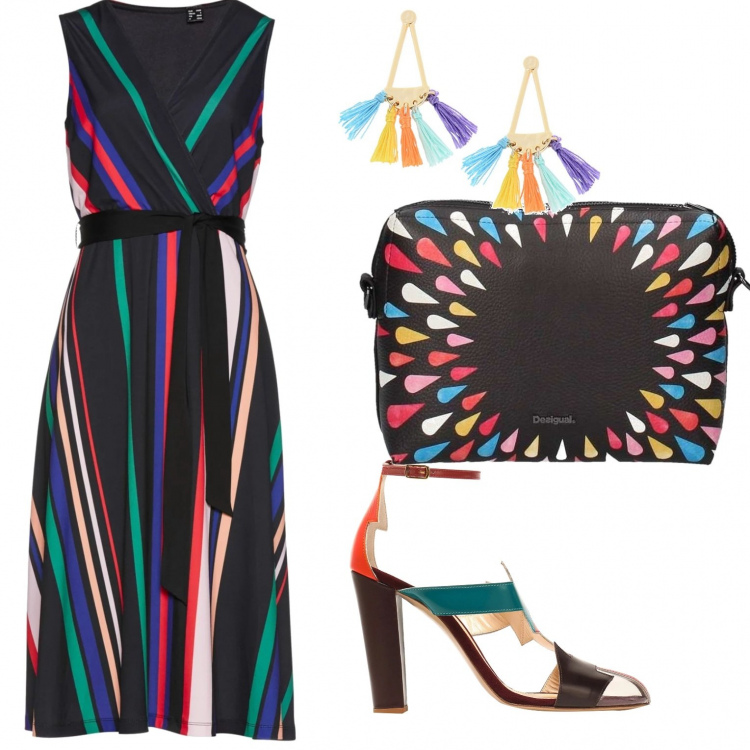 Outfit donna - The cross dress. Stile Urban per Tutti i giorni. Abbinamento con vestiti, sandali col tacco, orecchini, beauty case nero.