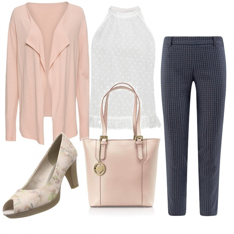 Outfit donna - Ordinary day. Stile Bon Ton per Ufficio. Abbinamento con cardigans, top, pantaloni, scarpa col tacco, borse a spalla.