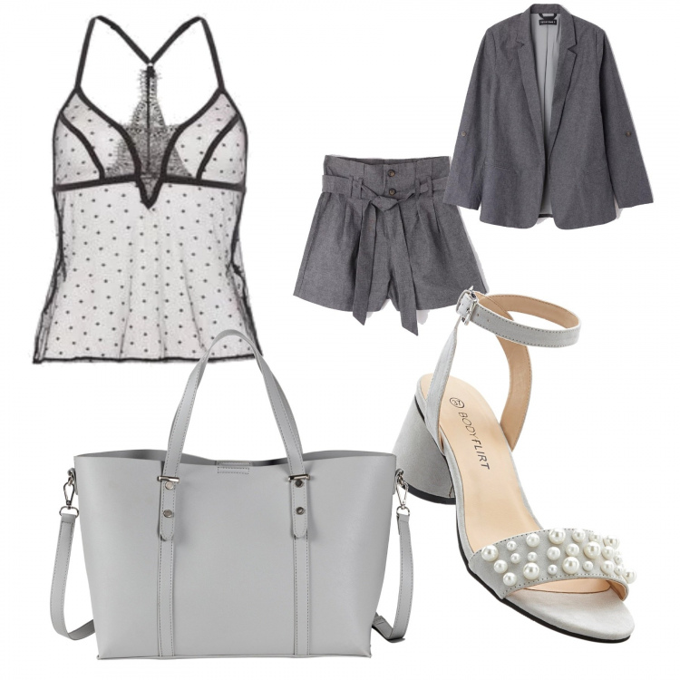 Outfit donna - Total look #314888. Abbinamento con sandali gioiello, borsa a mano con tracolla regolabile grigio, giacca collo con revers tinta unita nero, shorts paper bag nero, top con bretelle nero.