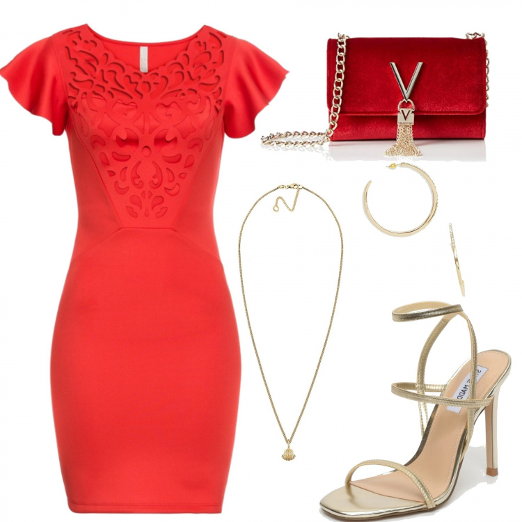 Outfit donna - Red carpet low cost. Stile Chic per Serata fuori. look ideale per Tall. Abbinamento con vestiti, sandali con punta quadrata oro, pochette rosso e oro, orecchini farfalla oro, collane.