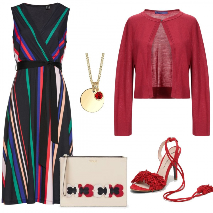 Outfit donna - Un\'allegra serata. Stile Chic per Serata fuori. Abbinamento con vestiti, cardigan con strass lavorato a maglia collo tondo a maniche lunghe in lana senza tasche tinta unita blu, sandali pelle con frange e tacco spillo con lacci e punta tonda rosso, collane, pochette con zip beige.