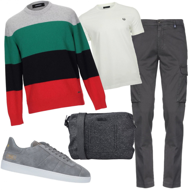 Outfit uomo - Il pullover must have. Stile Trendy per Ufficio. Abbinamento con pantofole oro, pullovers, pantalone cargo con zip tinta unita, borsa a tracolla, t-shirt.