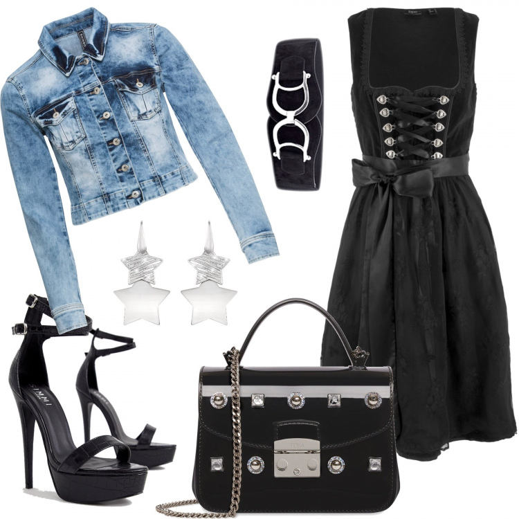 Outfit donna - Chic ma non troppo !. Stile Chic per Serata fuori. Abbinamento con cinture, vestiti, giacca in denim blu, sandali con plateau nero, orecchini glitter, borsa a tracolla mini.