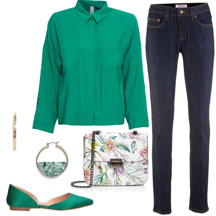Outfit donna - La mia borsa preferita. Stile Urban per Tutti i giorni. Abbinamento con jeans skinny, cardigans, ballerine a punta in raso tinta unita, borsa a mano in pelle multicolore e bianco, orecchini a scatto oro.
