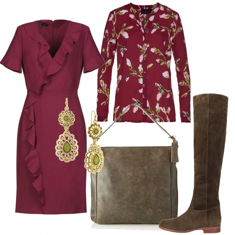 Outfit donna - Il cardigan fantasia per l\'autunno. Stile Basic per Serata fuori. Abbinamento con vestito con balze collo a v a maniche corte con zip interno sfoderato senza tasche crêpe, stivali con tacco squadrato e zip con punta tonda in pelle tinta unita, reggiseni, borsa a spalla, orecchini.