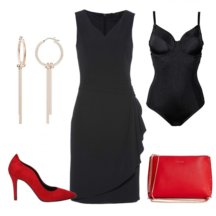 Outfit donna - Una serata speciale. Stile Chic per Serata fuori. Abbinamento con body, vestito a tubino stretto nero, scarpe rosso, maglia con catena e borchie con cinturino, orecchini.
