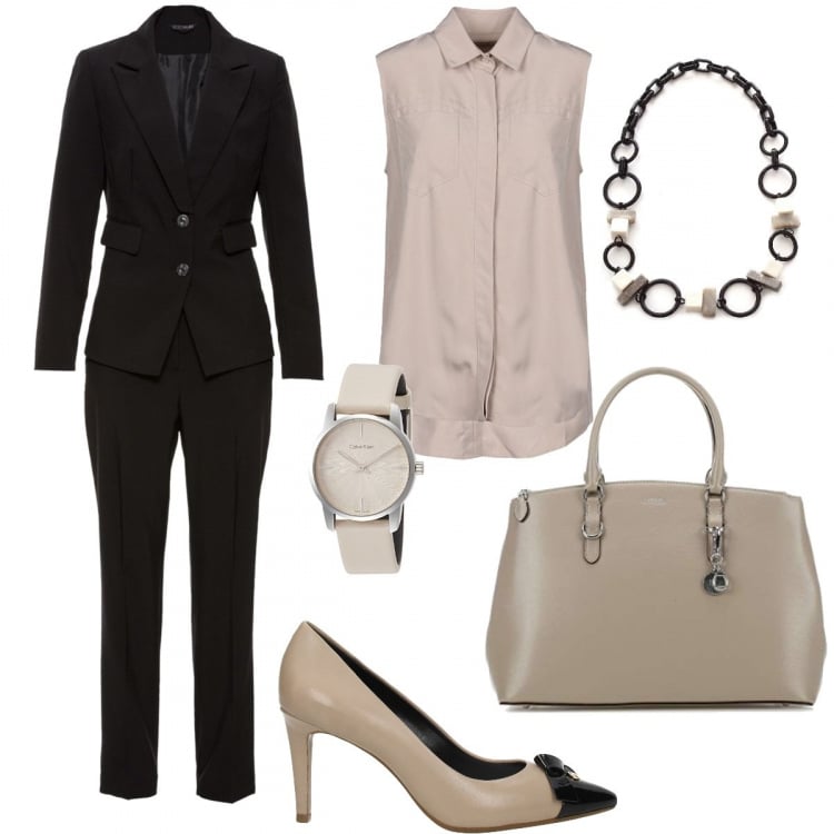 Outfit donna - Un colloquio di lavoro a settembre. Stile Basic per Ufficio. Abbinamento con camicia collo classico senza maniche tinta unita, tailleur, décolleté effetto vernice beige, collana nero, borsa a tracolla doppio manico, orologio analogico con cinturino beige.