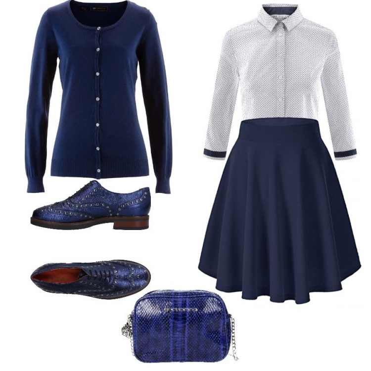 Outfit donna - Blu college. Stile Bon Ton per Scuola/Università. Abbinamento con cardigans, scarpe stringate stringate effetto laminato con tacco squadrato e punta tonda tinta unita, borse a spalla, gonne, camicie.