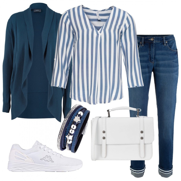 Outfit donna - Mettici una riga sopra. Stile Basic per Scuola/Università. Abbinamento con cardigans, t-shirt, jeans, braccialetti, borsa a tracolla mini con zip interno sfoderato in pelle tinta unita, scarpe da ginnastica unisex-adulto bianco.