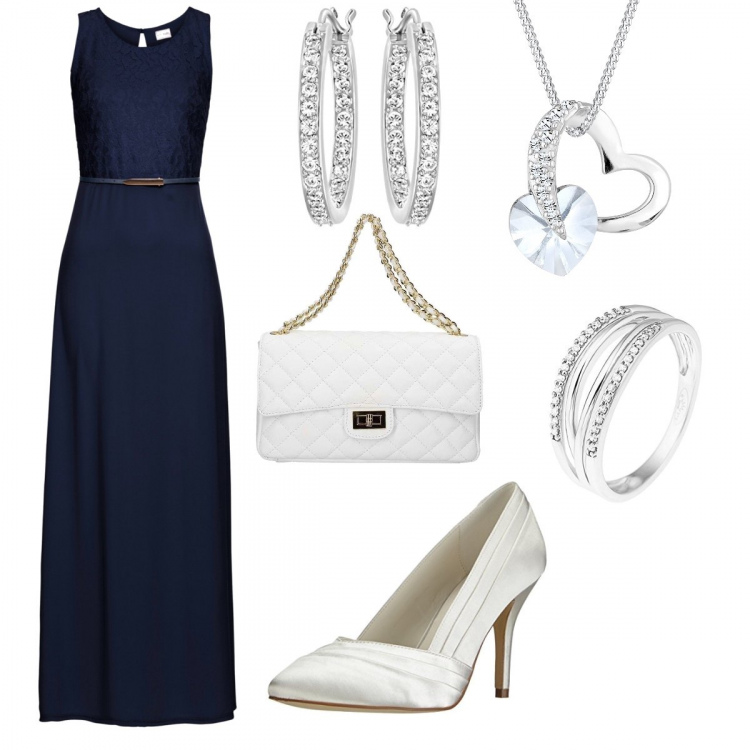 Outfit donna - Matrimonio a Settembre. Stile Chic per Cerimonia. Abbinamento con vestiti lunghi, borse a mano, scarpa col tacco, anello certificato autenticità oro e bianco, orecchini, collana.