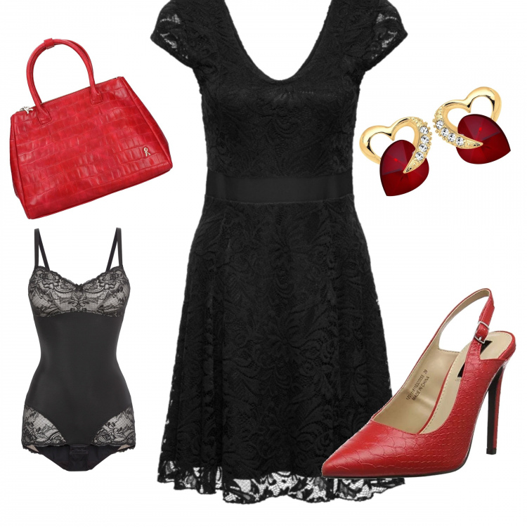 Outfit donna - Total look #315562. per Serata fuori. Abbinamento con body, vestiti, borsa a mano con bottoni rosso, scarpe slingback con cinturino e tacco rosso, orecchini.