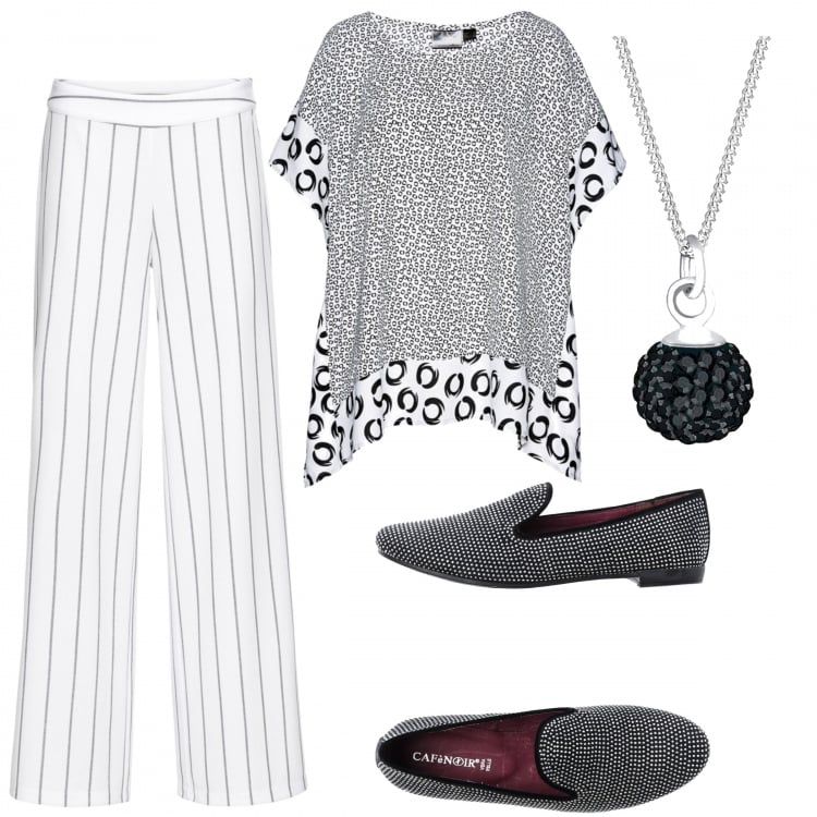 Outfit donna - Mocassini luminosi. Stile Trendy per Ufficio. Abbinamento con mocassini con strass effetto scamosciato senza tacco con punta tonda tinta unita, tunica fantasia bianco, pantalone palazzo, ciondolo.