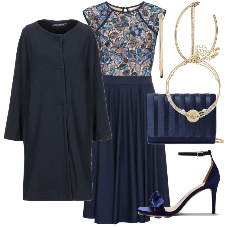 Outfit donna - Matrimonio settembrino. Stile Chic per Cerimonia. Abbinamento con vestiti midi/longuette, maglieria, bracciale, soprabito, sandali, pochette in raso con tracolla removibile blu.