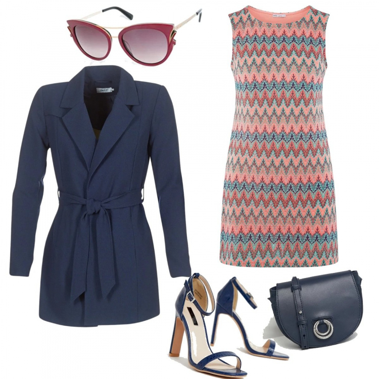 Outfit donna - #Inspo Missoni. Stile Chic per Serata fuori. Abbinamento con trench blu, vestito, sandali con tacco spillo e punta quadrata nudo, vestito petite con anello effetto scamosciato con cinturino in denim con tasca interna, occhiali da sole.