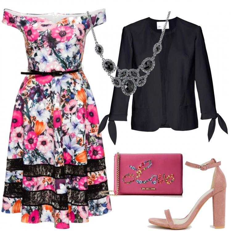 Outfit donna - Matrimonio a settembre pieno di fiori. Stile Bon Ton per Cerimonia. Abbinamento con maglieria, blazer con spalline nero, sandali con tacco largo e punta quadrata nudo, collana, borse a tracolla.
