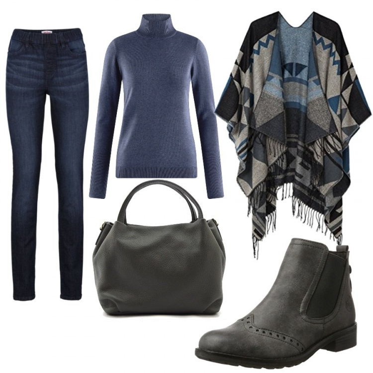 Outfit donna - La mantella stile Missoni. Stile Trendy per Tutti i giorni. Abbinamento con jeggings, borsetta grigio, poncio, stivali chelsea grigio, maglione spacchi laterali lavorato a maglia aderente blu.