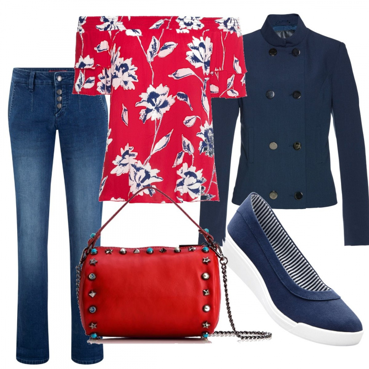 Outfit donna - Mi preparo x l’autunno. Stile Basic per Scuola/Università. Abbinamento con camicetta con spalle scoperte, pantaloni culotte, ballerine, chino in denim elasticizzato blu, borse a mano.
