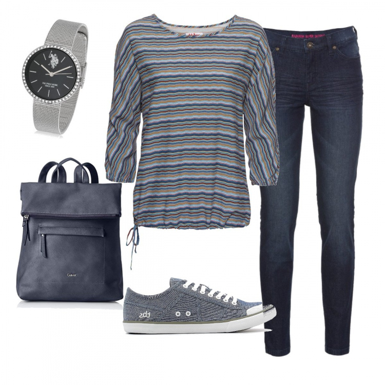 Outfit donna - Borsetta a zaino. Stile Basic per Tutti i giorni. Abbinamento con jeans skinny, tunica fantasia blu, scarpe blu, zaino con manico e zip blu, orologio in in maglia bianco e nero e argento.