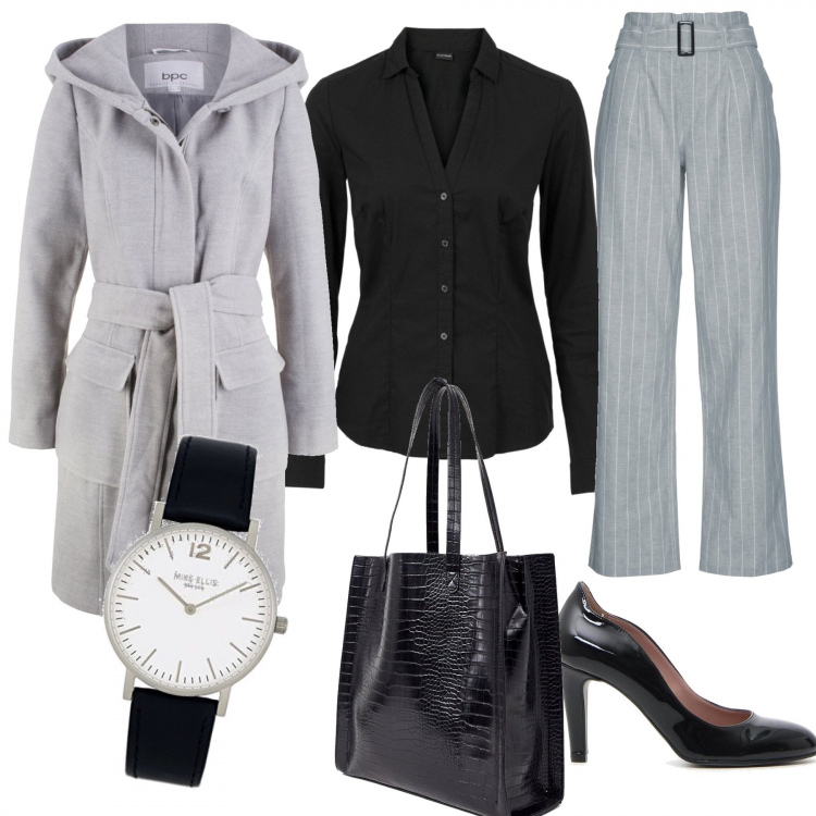 Outfit donna - Giornata uggiosa. Stile Trendy per Ufficio. Abbinamento con camicie, giacca lunga grigio, maglieria, décolleté, shopping bag petite, orologio analogico con cinturino nero.