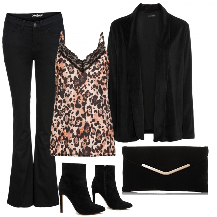 Outfit donna - GET THE LOOK: Kate Moss. Stile Chic per Serata fuori. Abbinamento con vestiti, jeans bootcut in denim elasticizzato nero, blazer, stivaletti con tacco spillo, pochette.