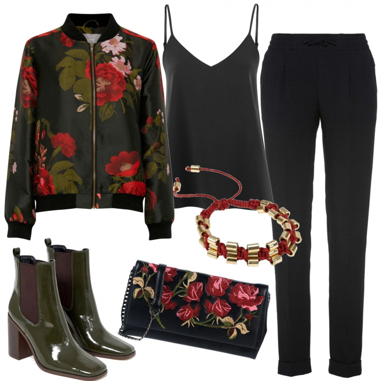 Outfit donna - Un delizioso bomberino a fiori. Stile Trendy per Serata fuori. Abbinamento con pantaloni, borsa a tracolla con manico e ricamo taglia media interno foderato in pelle sintetica tinta unita, giubbotto nero, stivaletti chelsea verde, top, braccialetti.