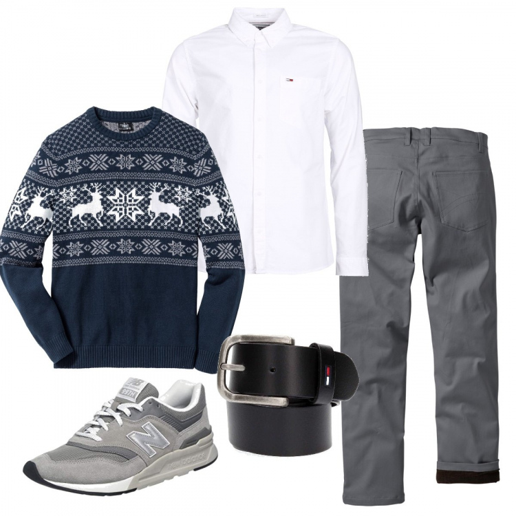 Outfit uomo - Week end in campagna. Stile Casual per Tutti i giorni. Abbinamento con pantaloni, maglieria, camicia a maniche lunghe bianco, cintura, sneakers argento e grigio.