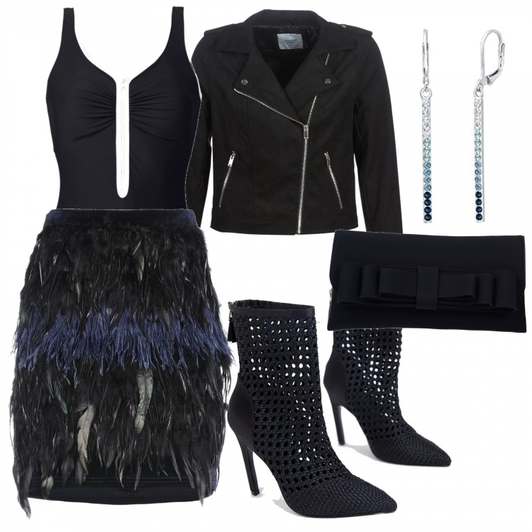 Outfit donna - Kate Moss strong. Stile Rock per Serata fuori. Abbinamento con costumi interi, gonna al ginocchio senza tasche con zip interno foderato in ciniglia tinta unita, borsa a mano mini interno sfoderato tinta unita, blazer, stivali con zip a punta in raso forma intrecciata, orecchini.
