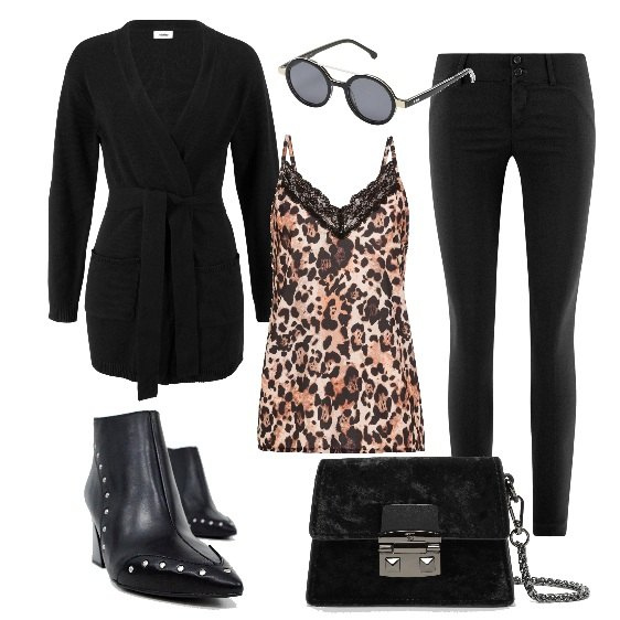 Outfit donna - Get the look Kate Moss. Stile Rock per Tutti i giorni. Abbinamento con occhiali da sole effetto acetato montatura in plastica, vestiti, cardigan in materiale riciclato nero, pantalone elasticizzato nero, stivaletti, clutch nero.