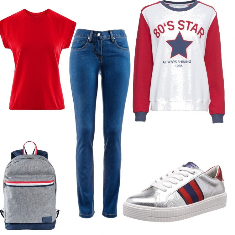 Outfit donna - Gita fuori porta. Stile Trendy per Sport. Abbinamento con jeans dritti, felpe, zaini, sneakers, t-shirt.