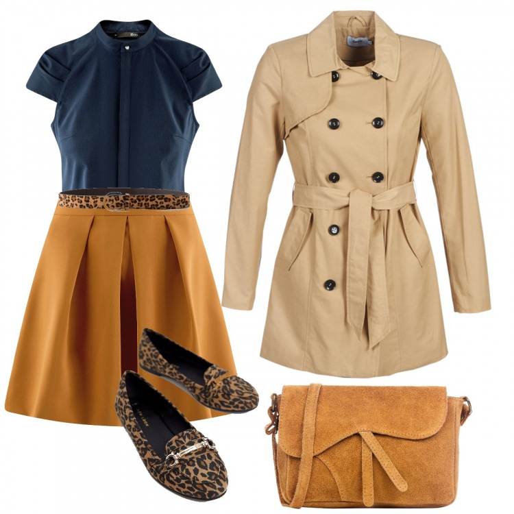 Outfit donna - Gli accessori maculati. Stile Trendy per Tutti i giorni. Abbinamento con top, cappotto beige, gonna forma svasata con pieghe giallo, mocassini animalier, camicia manica raglan collo coreana a maniche corte aderente blu, borsa a tracolla made italy con zip interno foderato con gancetto bianco.