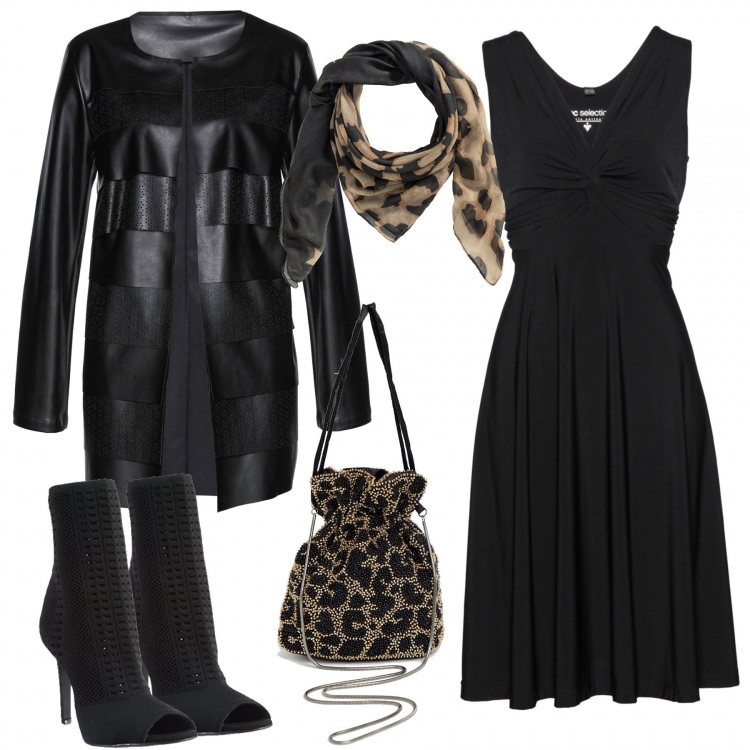 Outfit donna - Il tocco animalier alla Kate Moss. Stile Trendy per Serata fuori. Abbinamento con vestiti, blazer con balze in pelle sintetica nero, shopping bag, scarpe con tacco, borsa a tracolla animalier con perline e coulisse.