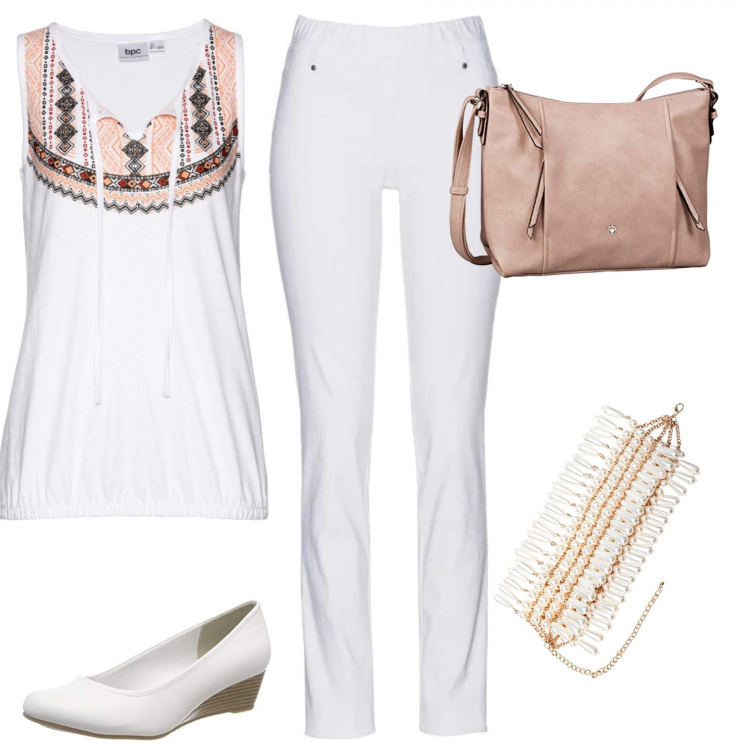 Outfit donna - Comoda in bianco. Stile Basic per Tutti i giorni. Abbinamento con pantaloni, top, collana con perline e gancio maglia, scarpe con tacco bianco, borsa tote rosa.